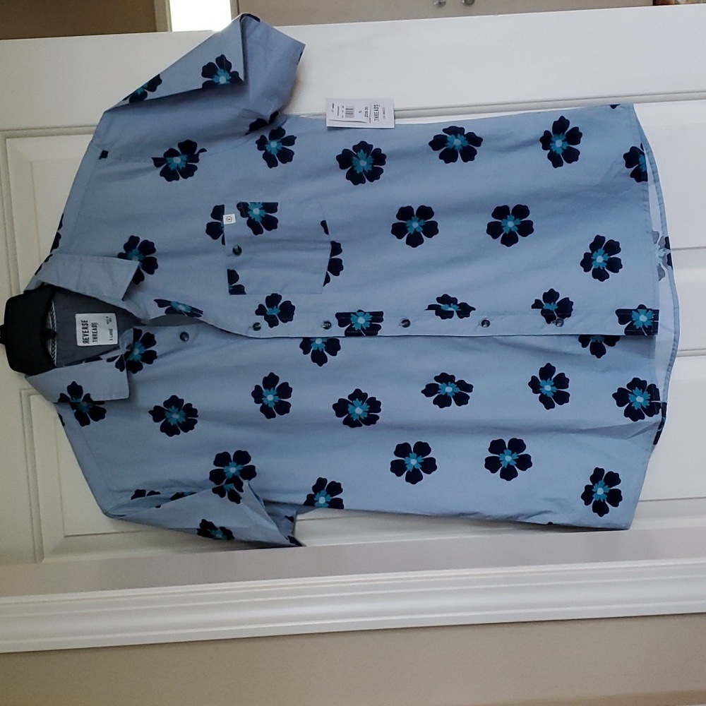 ,Mens Reverse Thread's Frenzy Mystic Blue Cotton Short Sleeve Shirt Size XL NWT